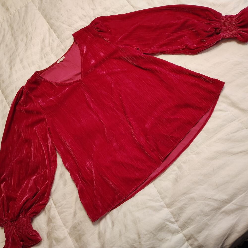 Jodifl Velvet Blouse XL Hot Pink V Neck Puff Sleeve Shimmer Party Top - Picture 3 of 10
